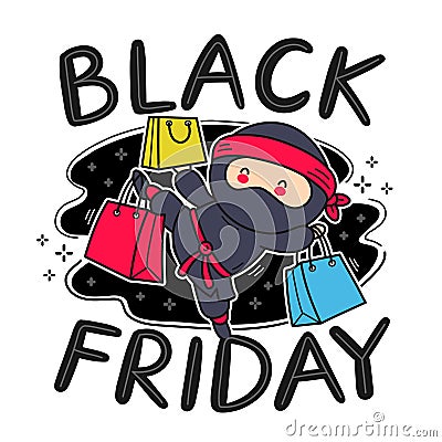 Cute funny Black Friday ninja character Vector Illustration